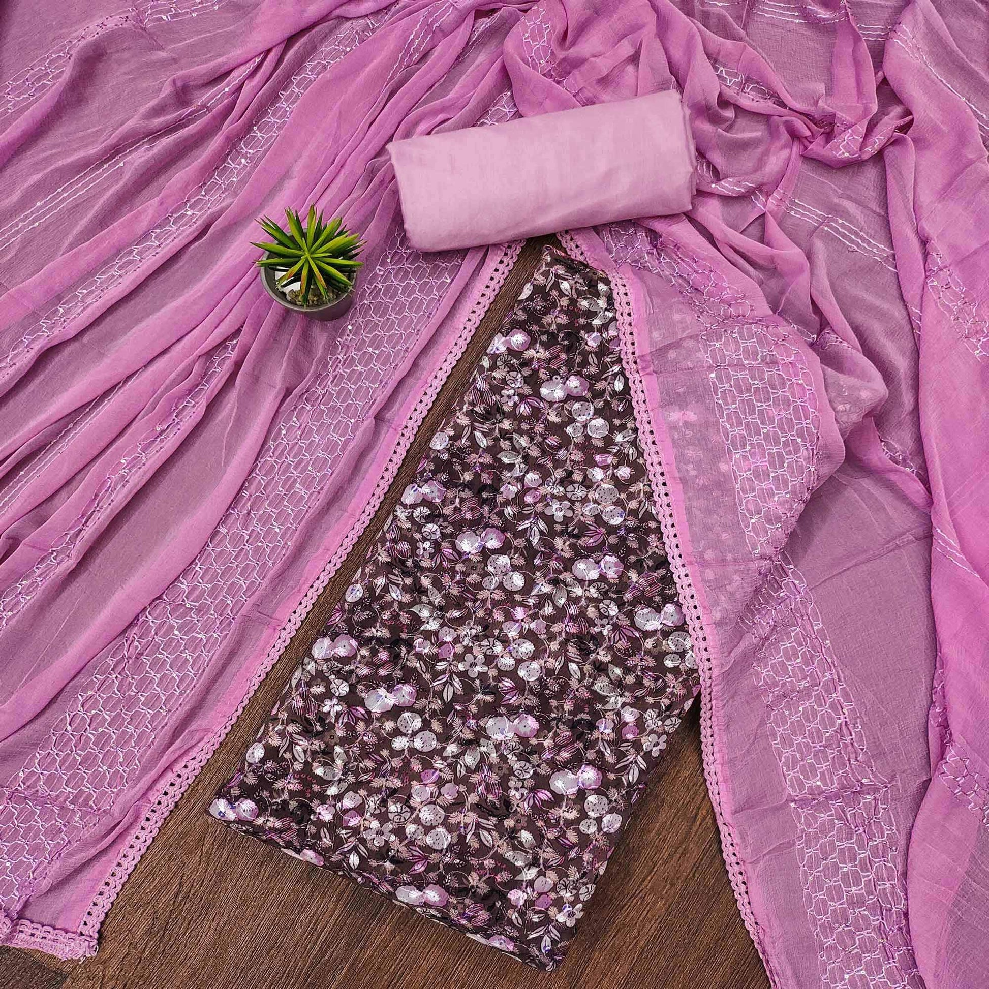 Dark Wine Printed With Embroidered Georgette Dress Material