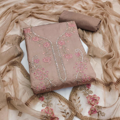 Brown Floral Sequins Embroidered With Stonework Roman Cotton Silk Dress Material