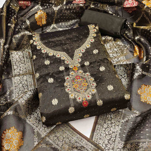 Dark Grey Woven With Stonework Shimmer Jacquard Dress Material