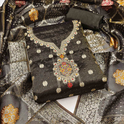 Dark Grey Woven With Stonework Shimmer Jacquard Dress Material