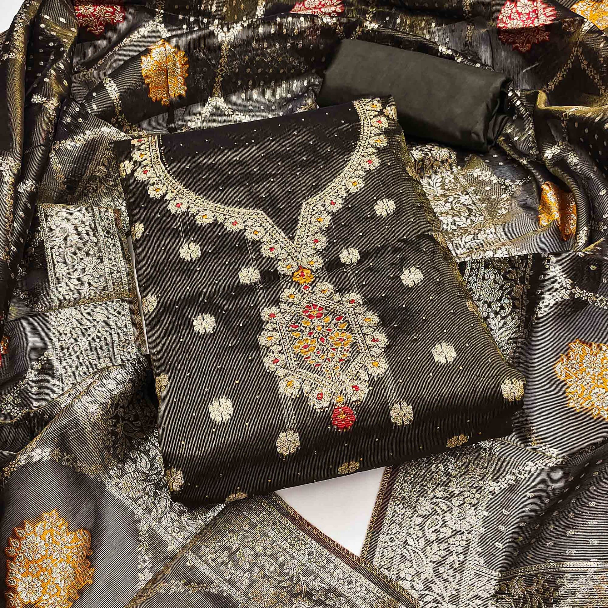 Dark Grey Woven With Stonework Shimmer Jacquard Dress Material