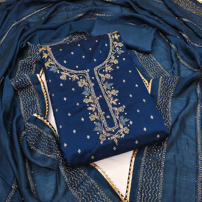 Blue Woven With handwork Chanderi Modal Dress Material
