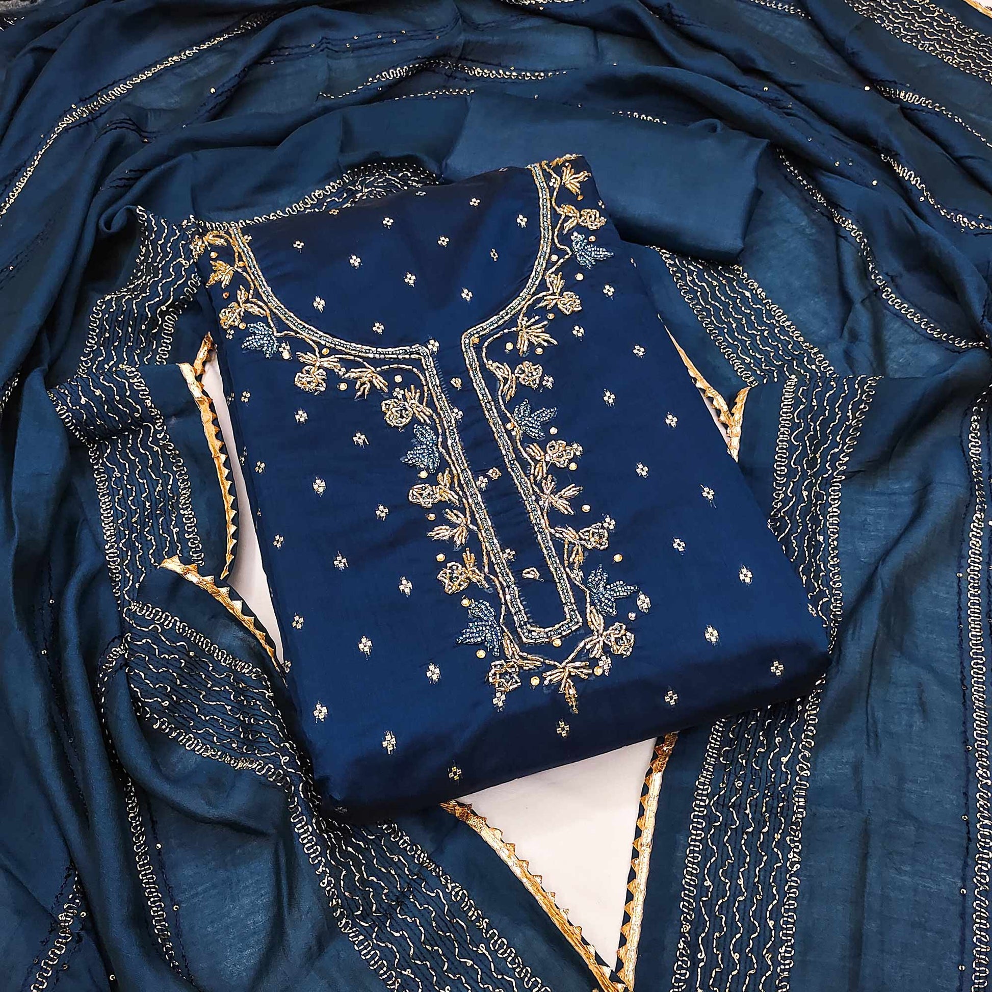 Blue Woven With handwork Chanderi Modal Dress Material