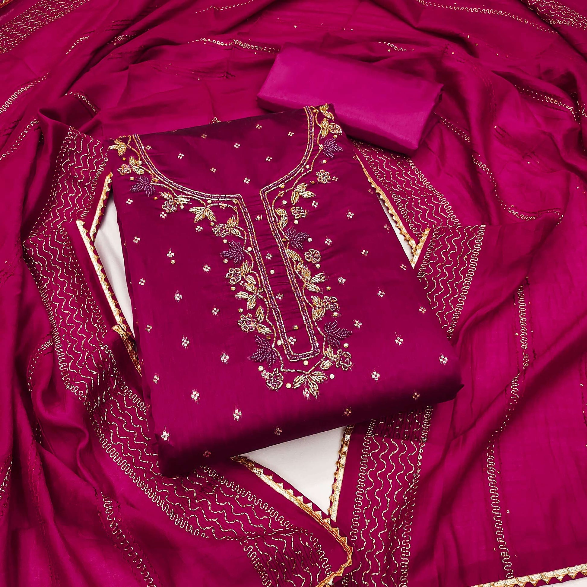 Magenta Woven With handwork Chanderi Modal Dress Material