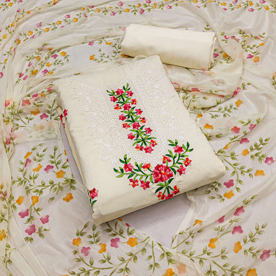 Cream Floral Embroidered Pure Cotton Dress Material