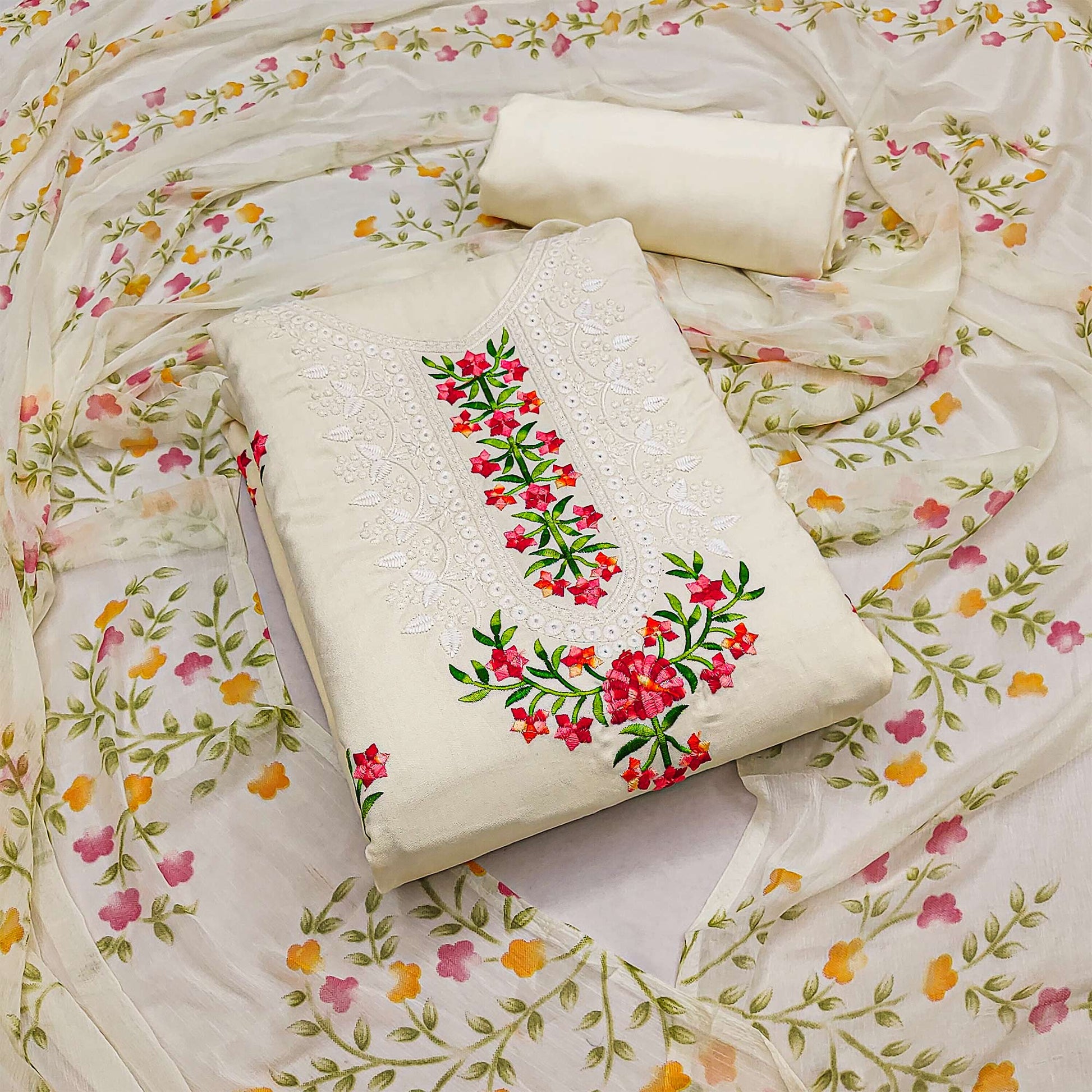 Cream Floral Embroidered Pure Cotton Dress Material