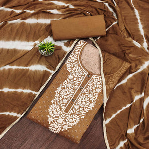 Brown Printed With Embroidery Pure Cotton Dress Material