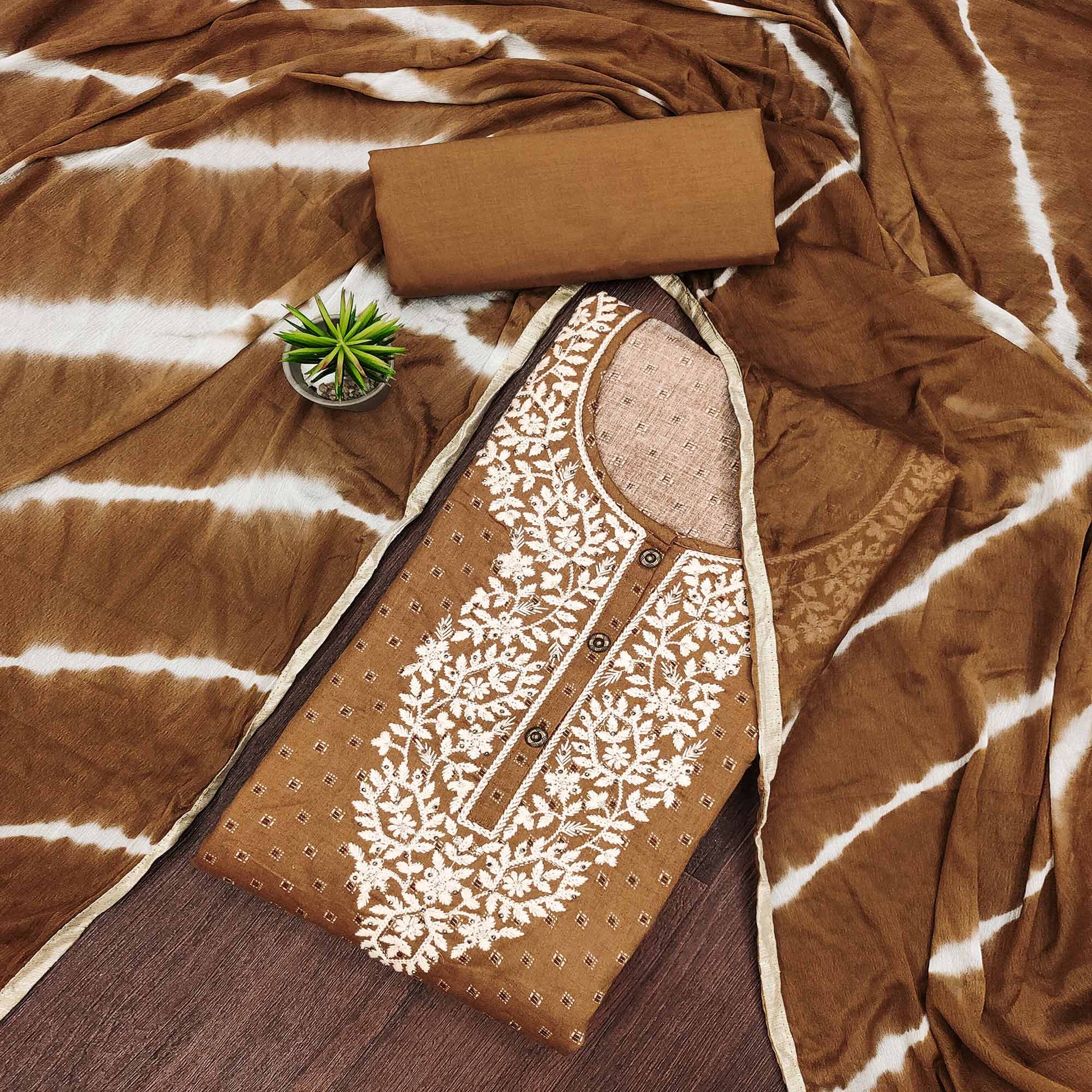 Brown Printed With Embroidery Pure Cotton Dress Material