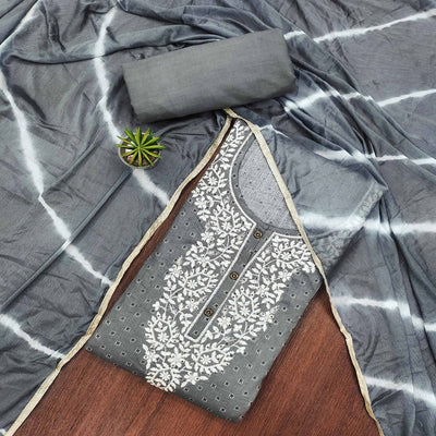 Grey Printed With Embroidery Pure Cotton Dress Material