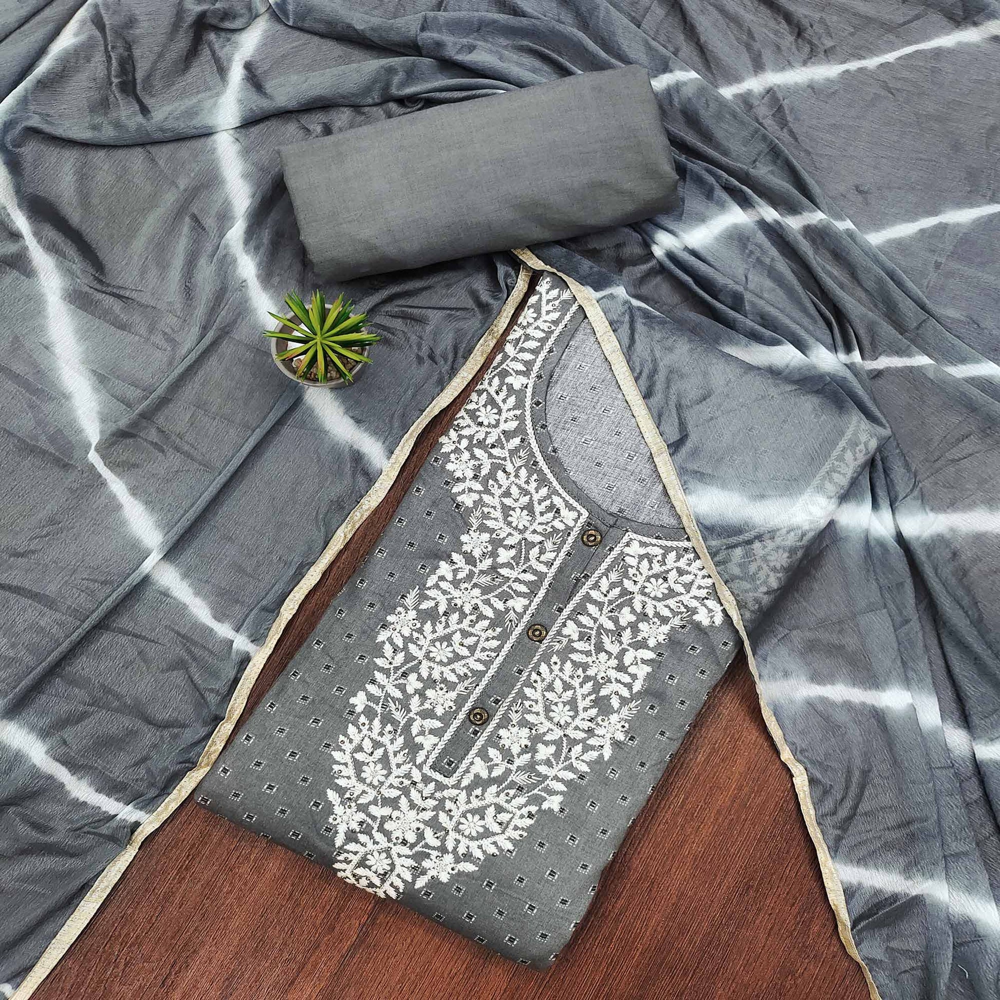 Grey Printed With Embroidery Pure Cotton Dress Material