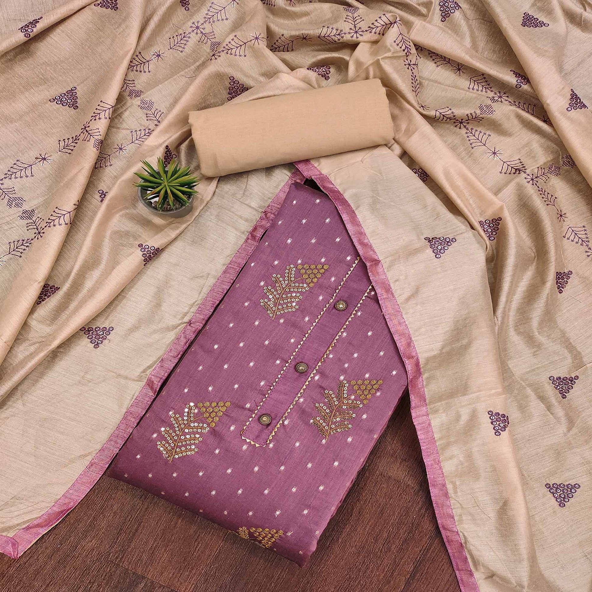 Mauve Sequins Embroidered Chanderi Dress Material