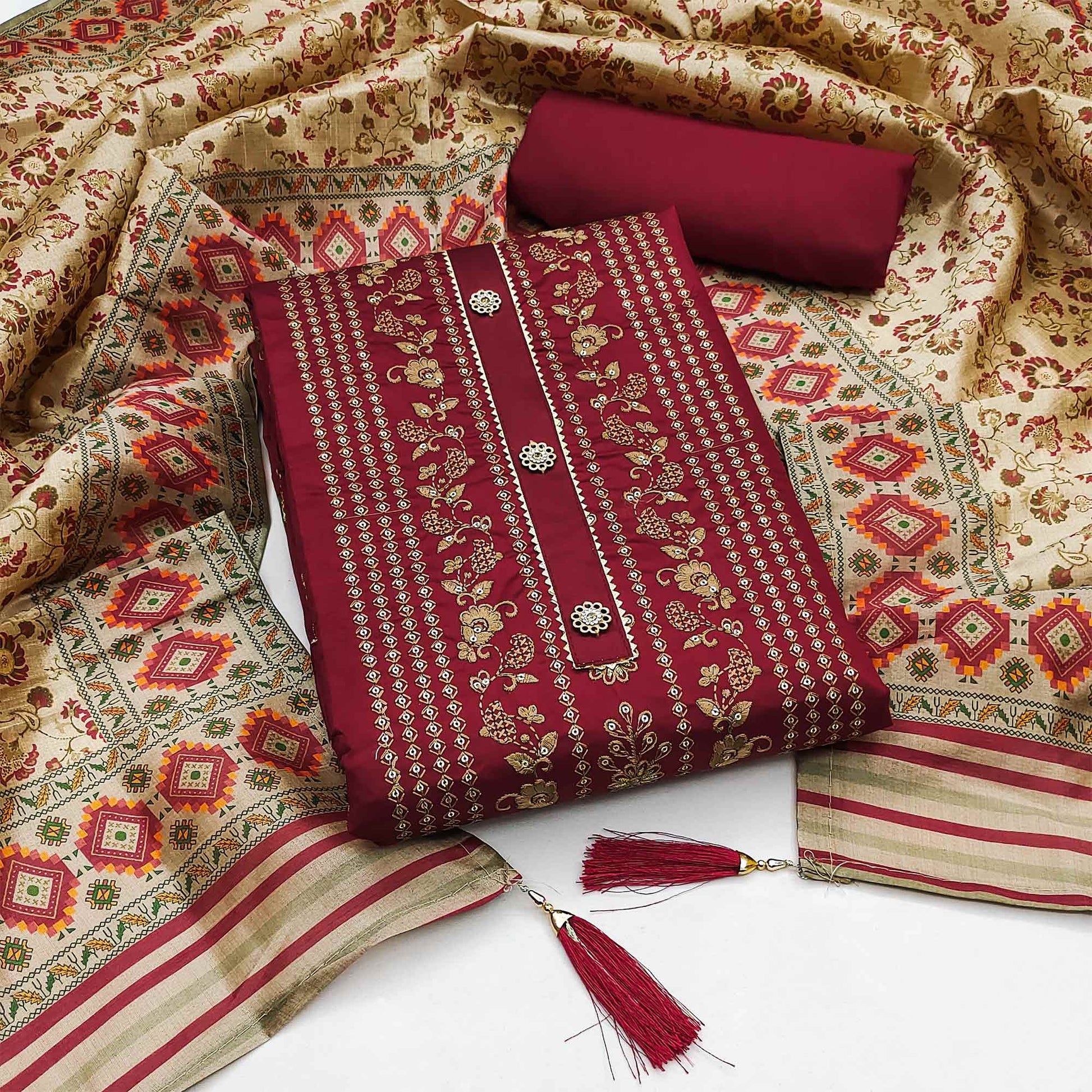 Maroon Floral Embroidered Cotton Silk Dress Material
