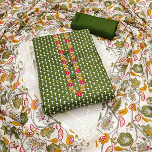 Mehandi Green Floral Printed Pure Cotton Dress Material