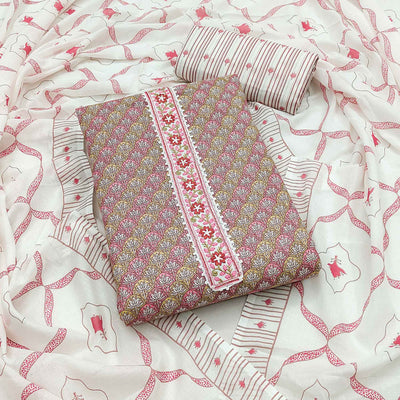 Mauve Floral Printed Pure Cotton Dress Material