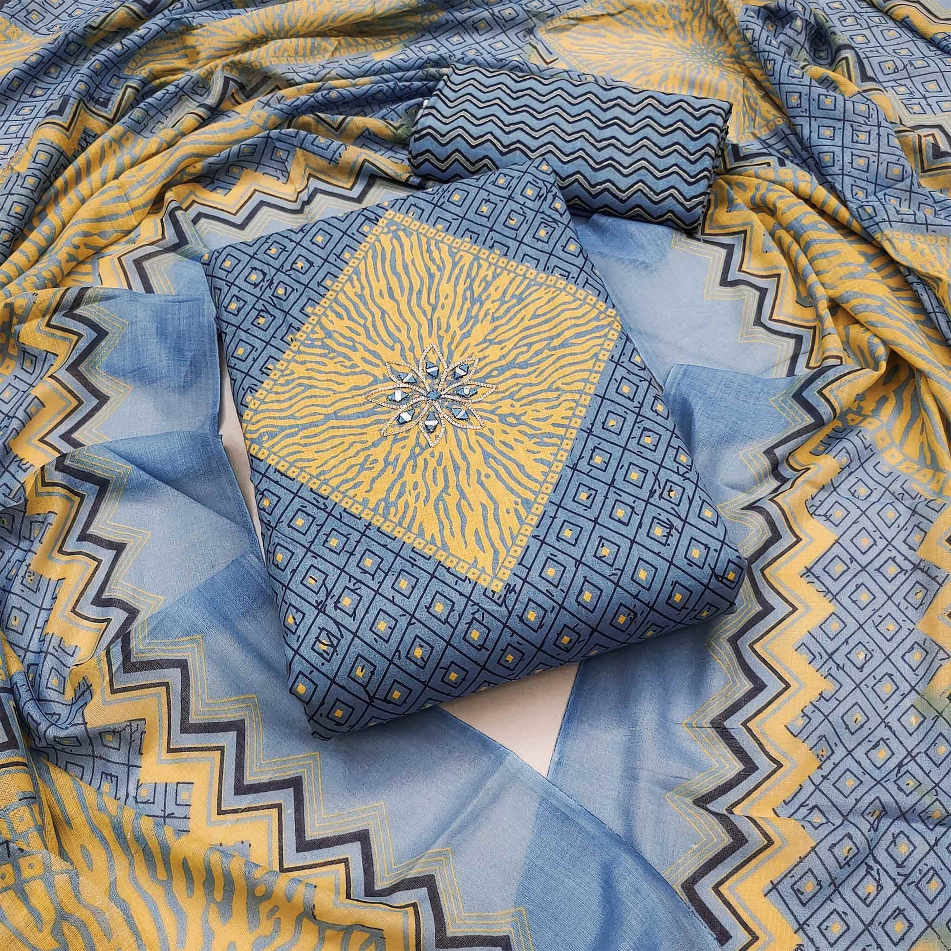 Grey Printed With Embroidered Pure Cotton Dress Material