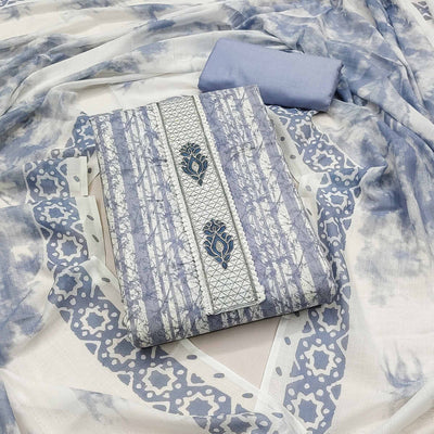 Grey Printed Pure Cotton Dress Material