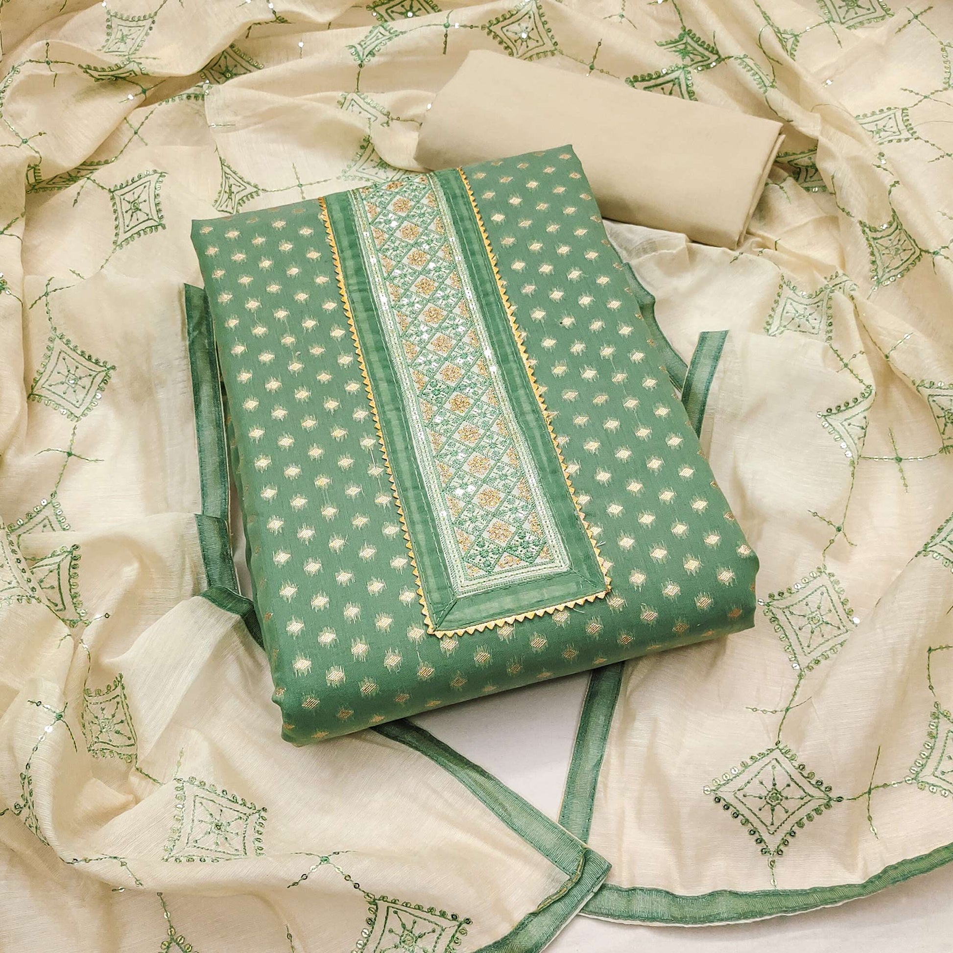 Dusty Green Butti Work Woven Chanderi Silk Dress Material