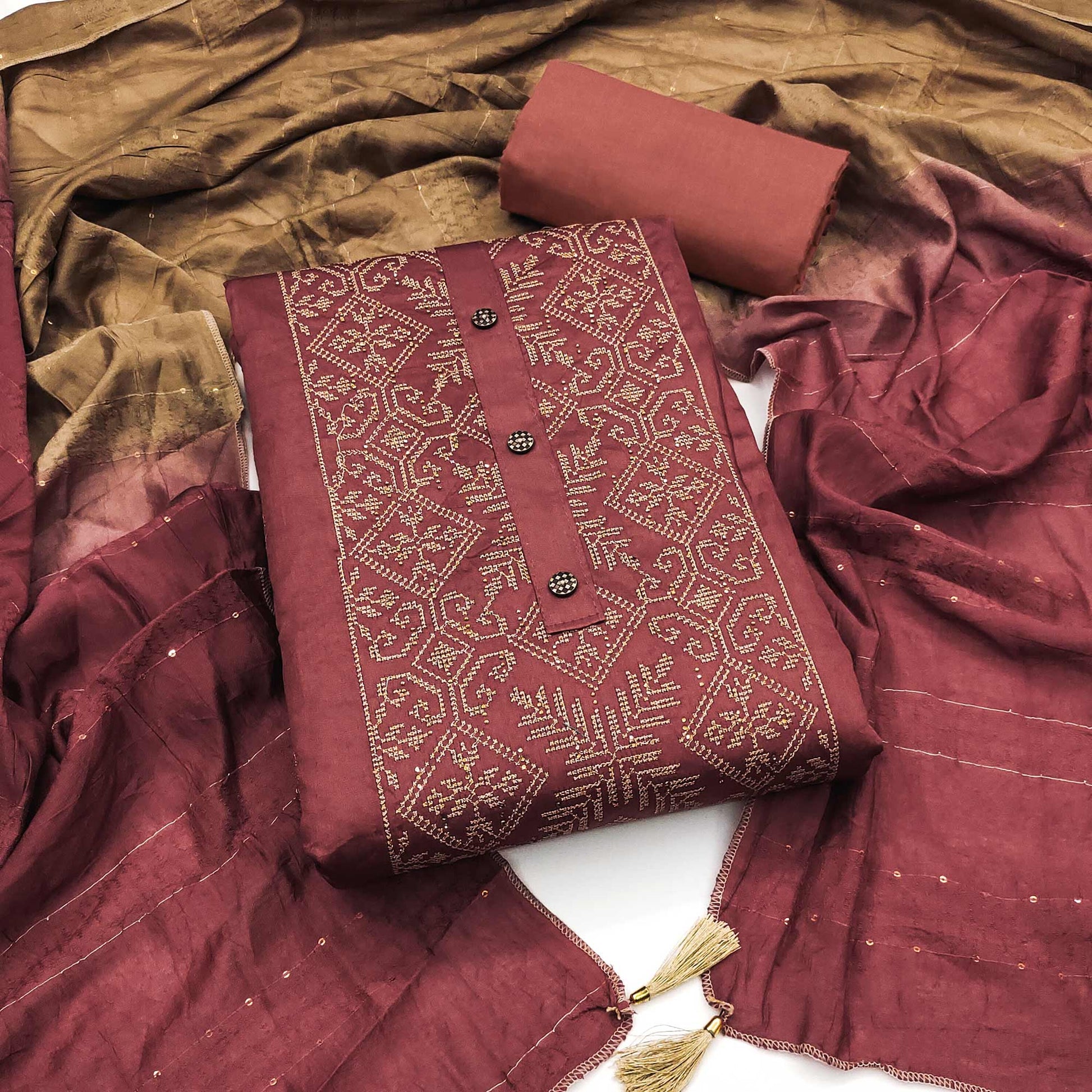 Maroon Floral Embroidery Cotton Silk Dress Material