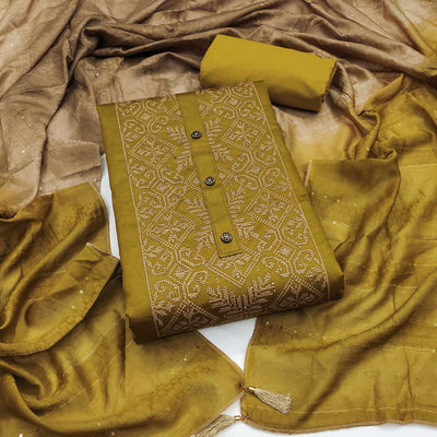 Mehendi Green Floral Embroidery Cotton Silk Dress Material