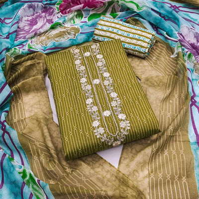 Mehendi Green Printed Pure Cotton Unstitched Dress Material