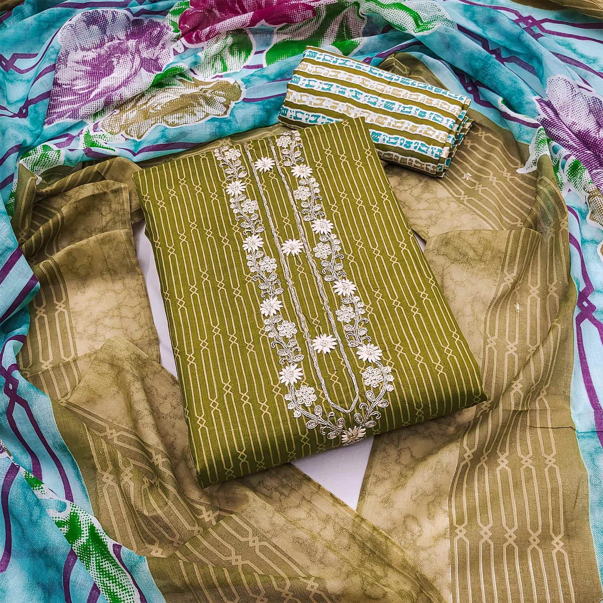 Mehendi Green Printed Pure Cotton Unstitched Dress Material