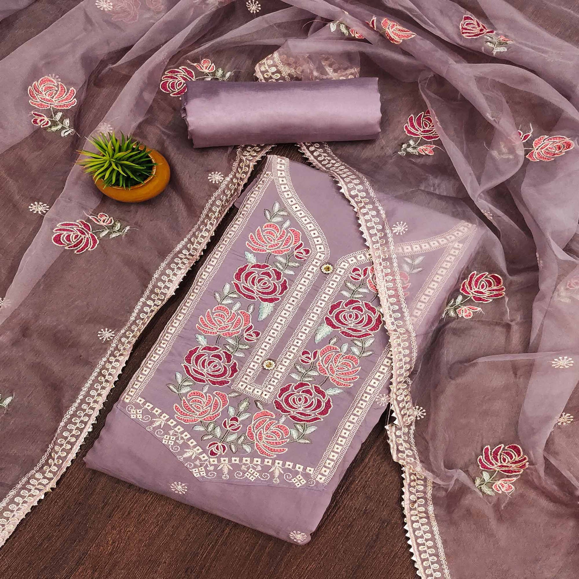Mauve Floral Embroidered Cotton Blend Dress Material