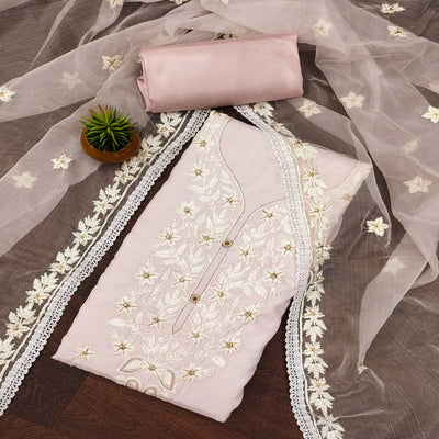 Light Purple Floral Embroidered Cotton Blend Dress Material