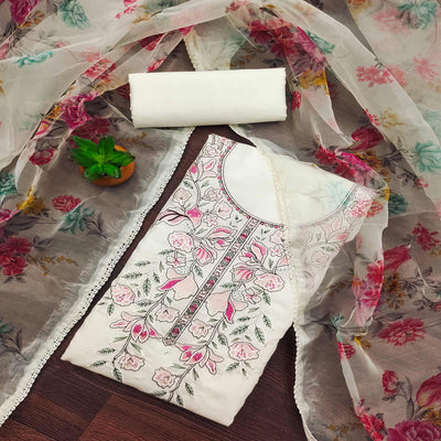 Cream Floral Sequins Embroidered Cotton Silk Dress Material