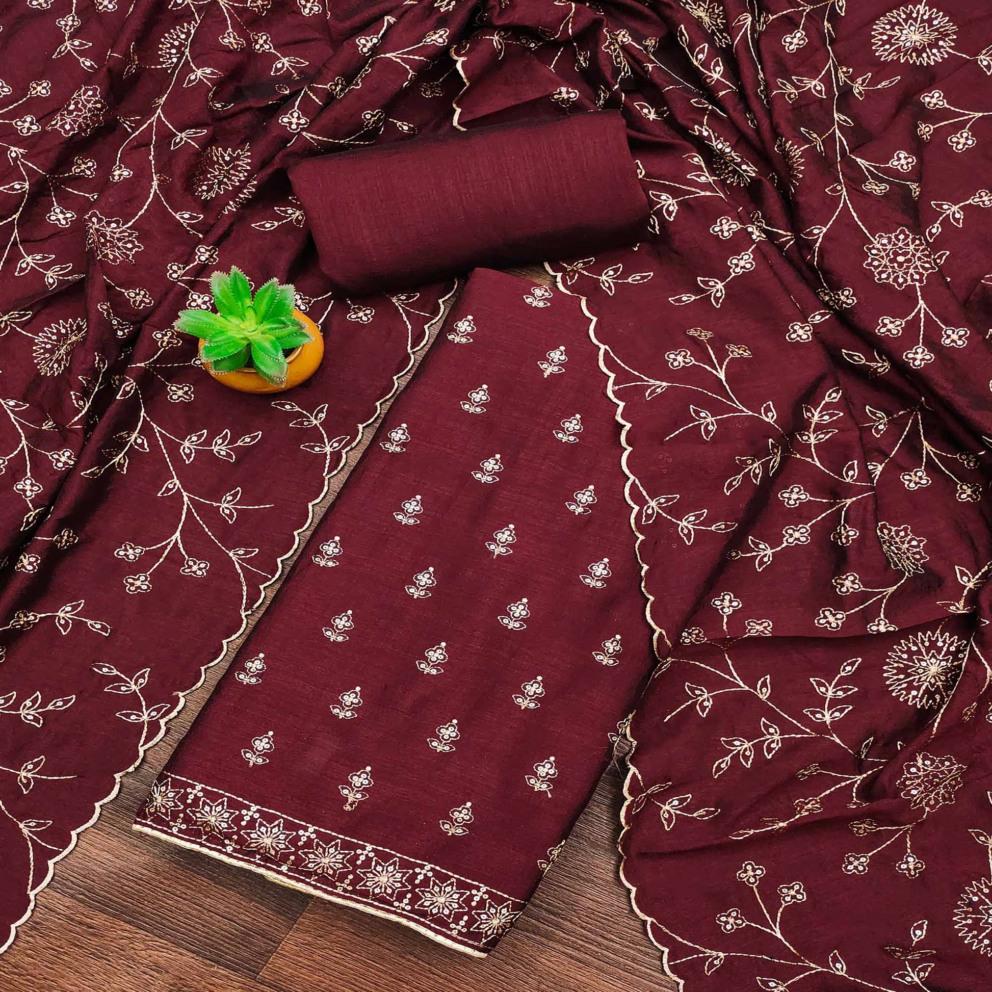Maroon Sequins Embroidered Vichitra Silk Dress Material