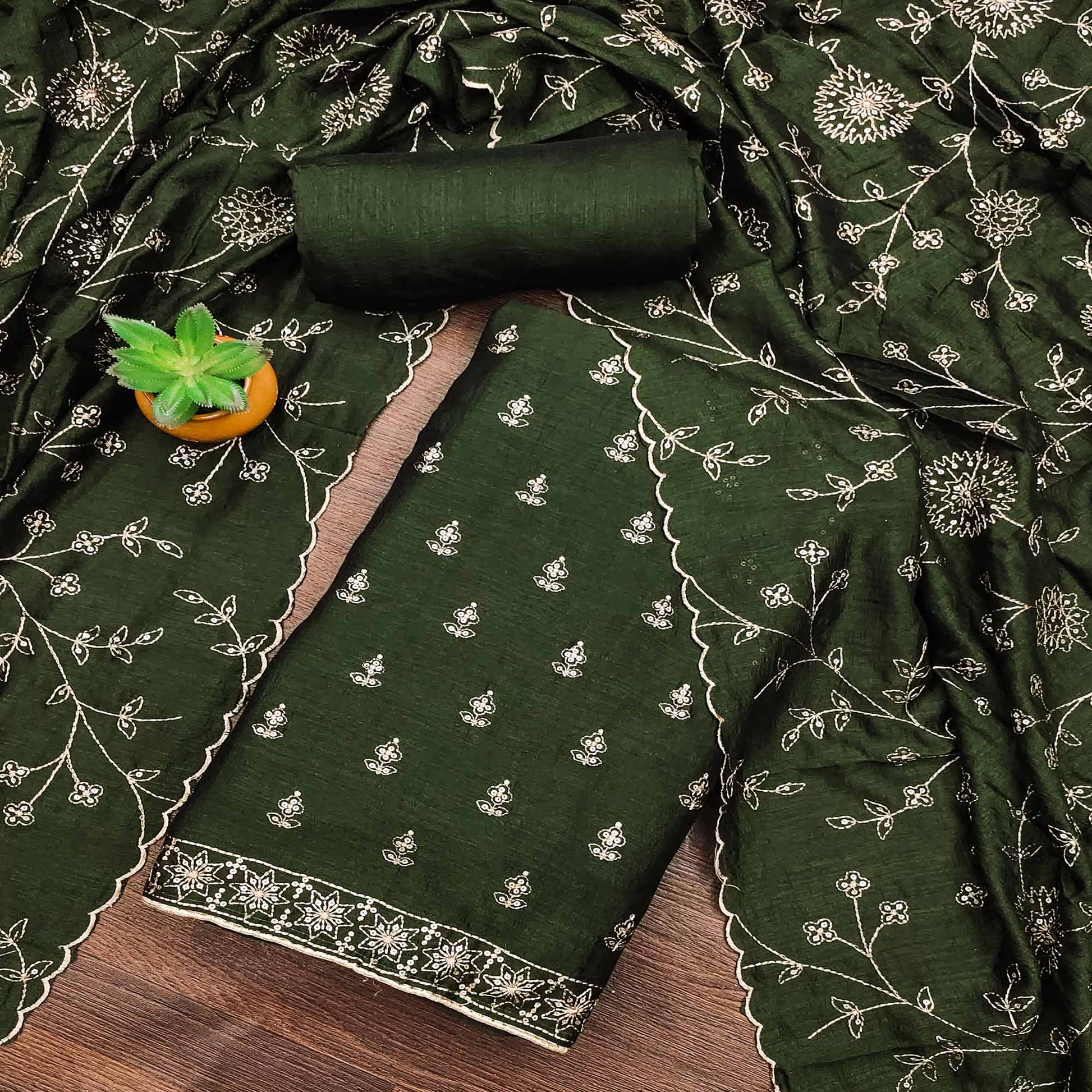 Mehandi Green Sequins Embroidered Vichitra Silk Dress Material