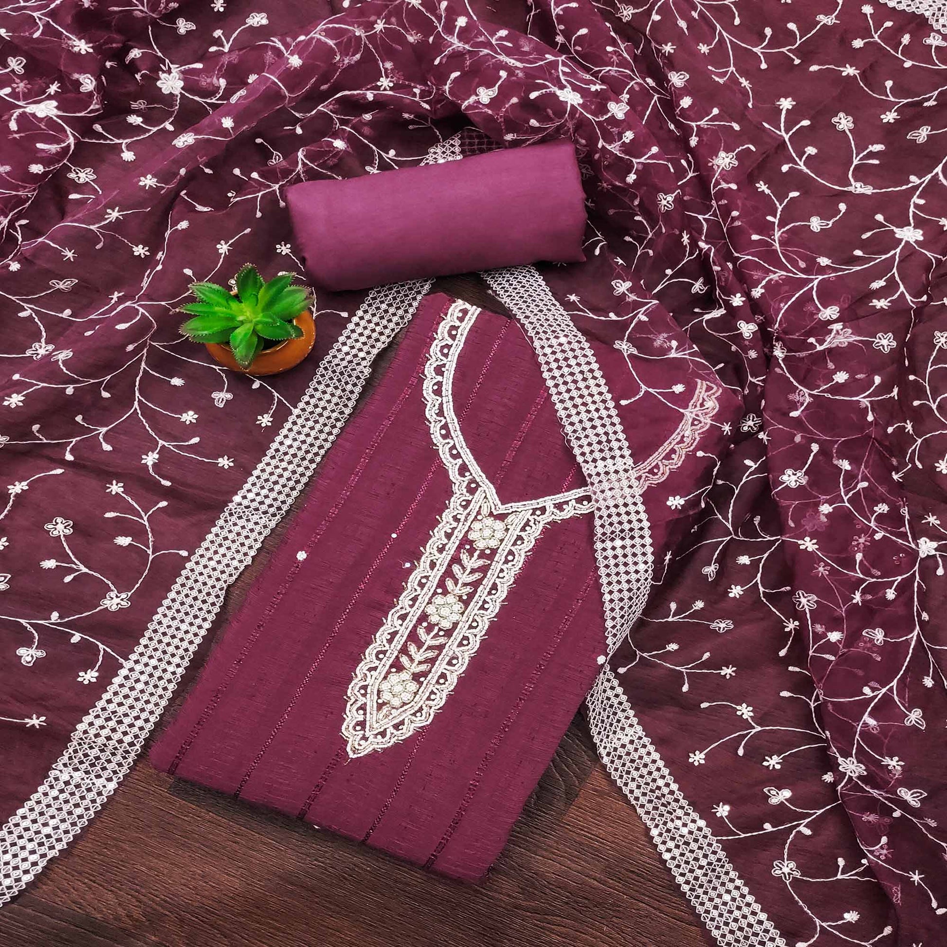 Light Wine Woven Pure Cotton Dress Material