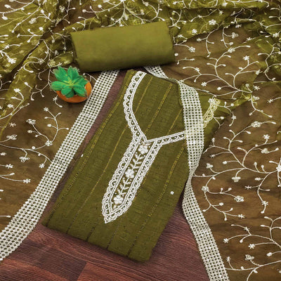 Mehandi Green Woven Pure Cotton Dress Material