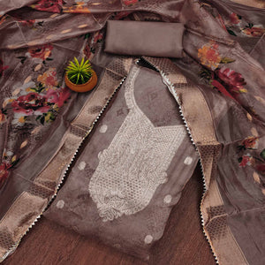 Mauve Floral Woven With Stonework Organza Dress Material