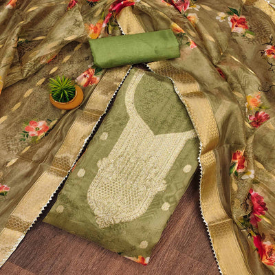 Mehendi Green Floral Woven With Stonework Organza Dress Material