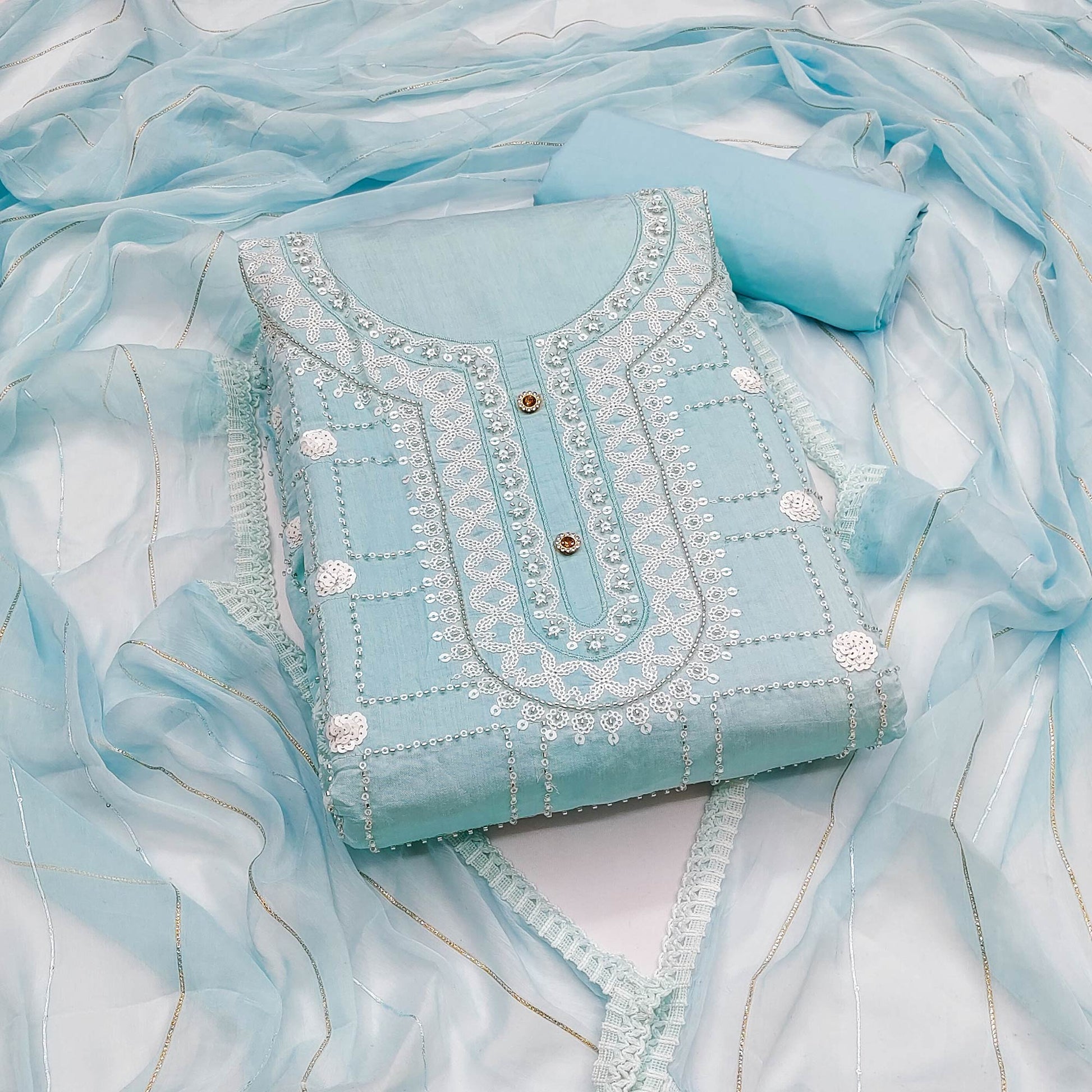 Blue Sequins Embroidery Chanderi Silk Dress Material