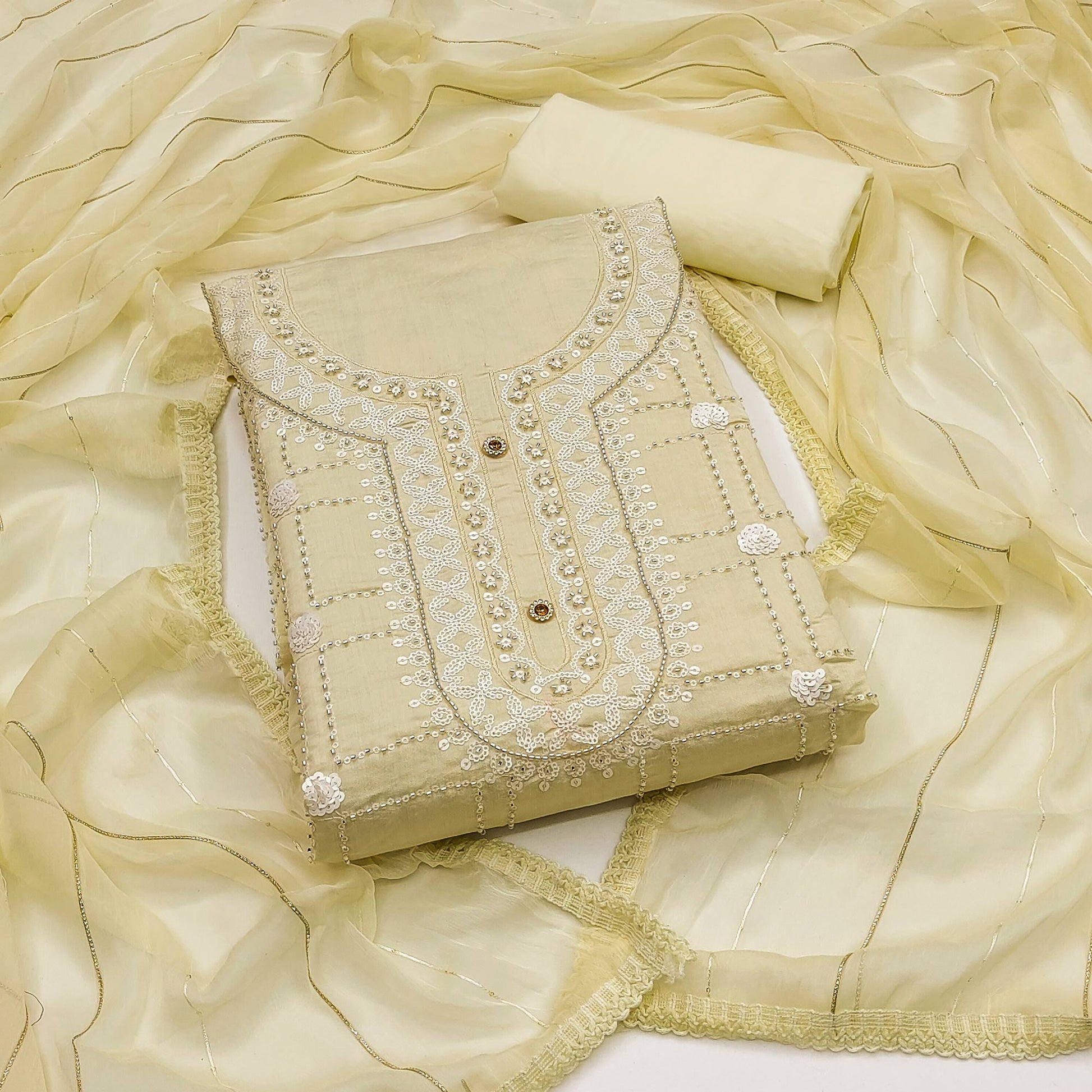 Light Yellow Sequins Embroidery Chanderi Silk Dress Material