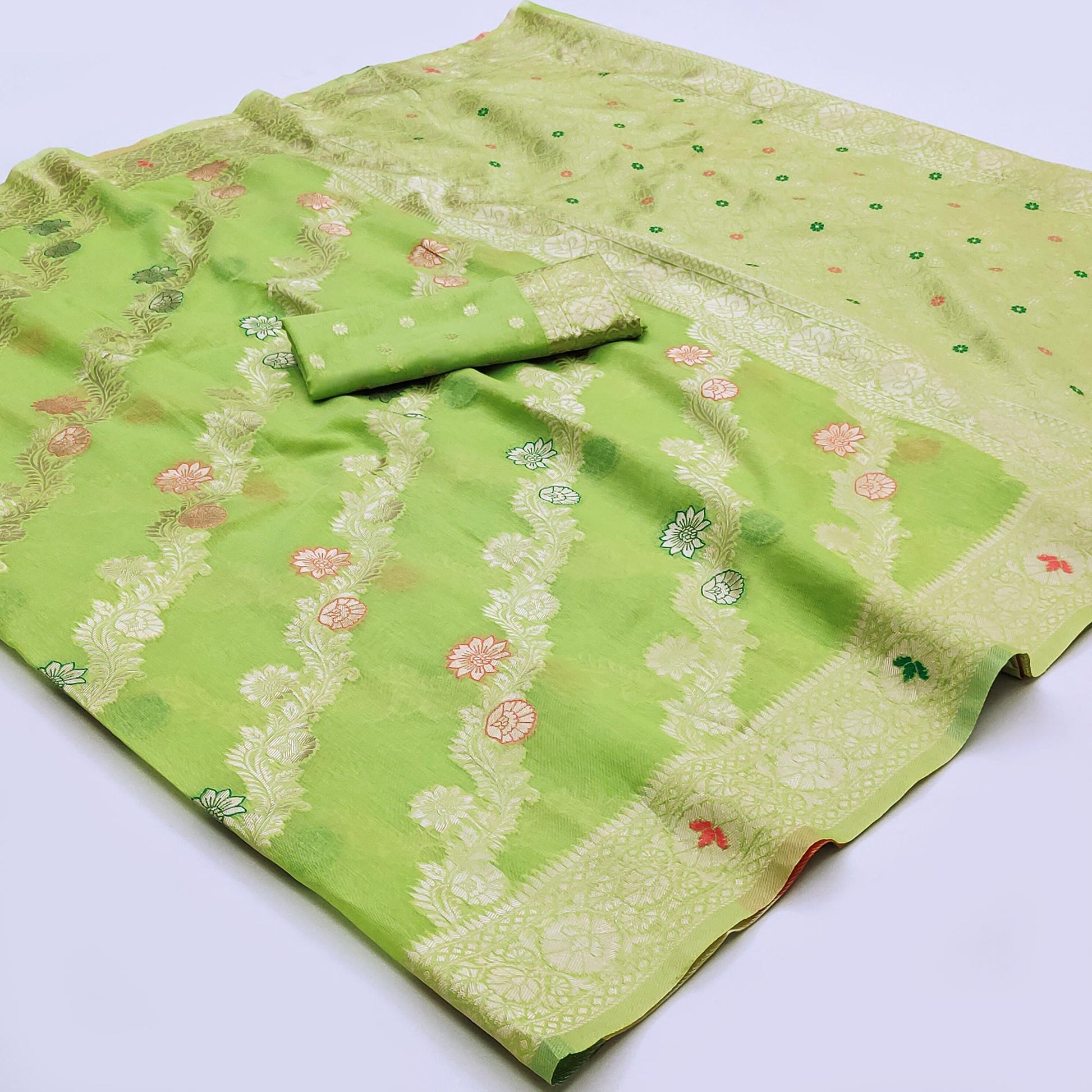 green-floral-woven-cotton-silk-saree