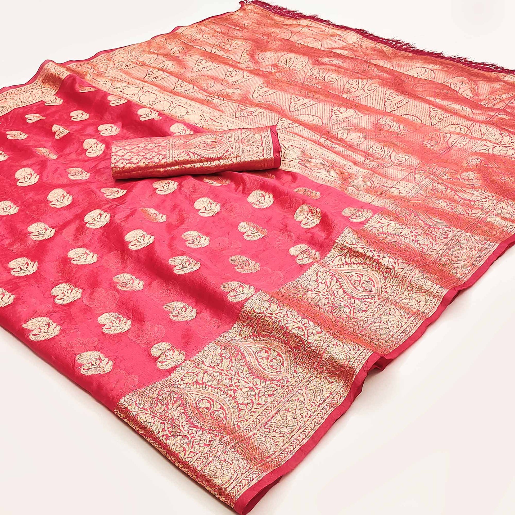 Gajri Pink Floral Woven Organza Saree With Tassels