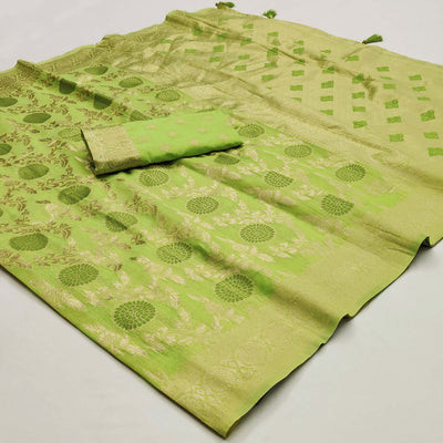 green-floral-woven-jacquard-saree-with-tassels