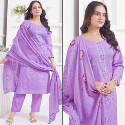 Lavender Printed Pure Cotton Salwar Suit With Mirror Work