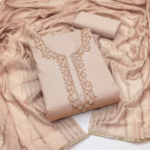 Chikoo Zardosi Moti Work Pure Cotton Dress Material