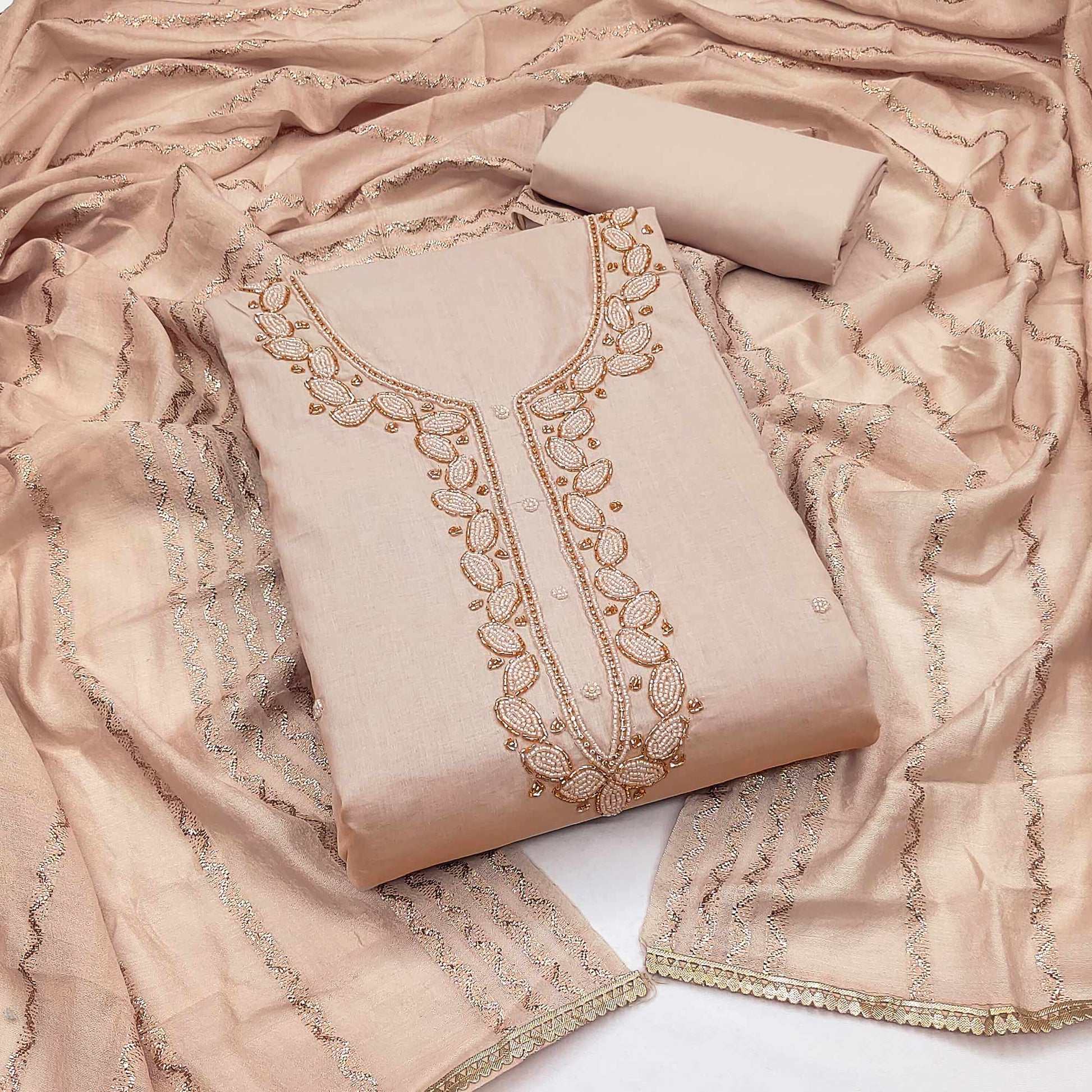Chikoo Zardosi Moti Work Pure Cotton Dress Material
