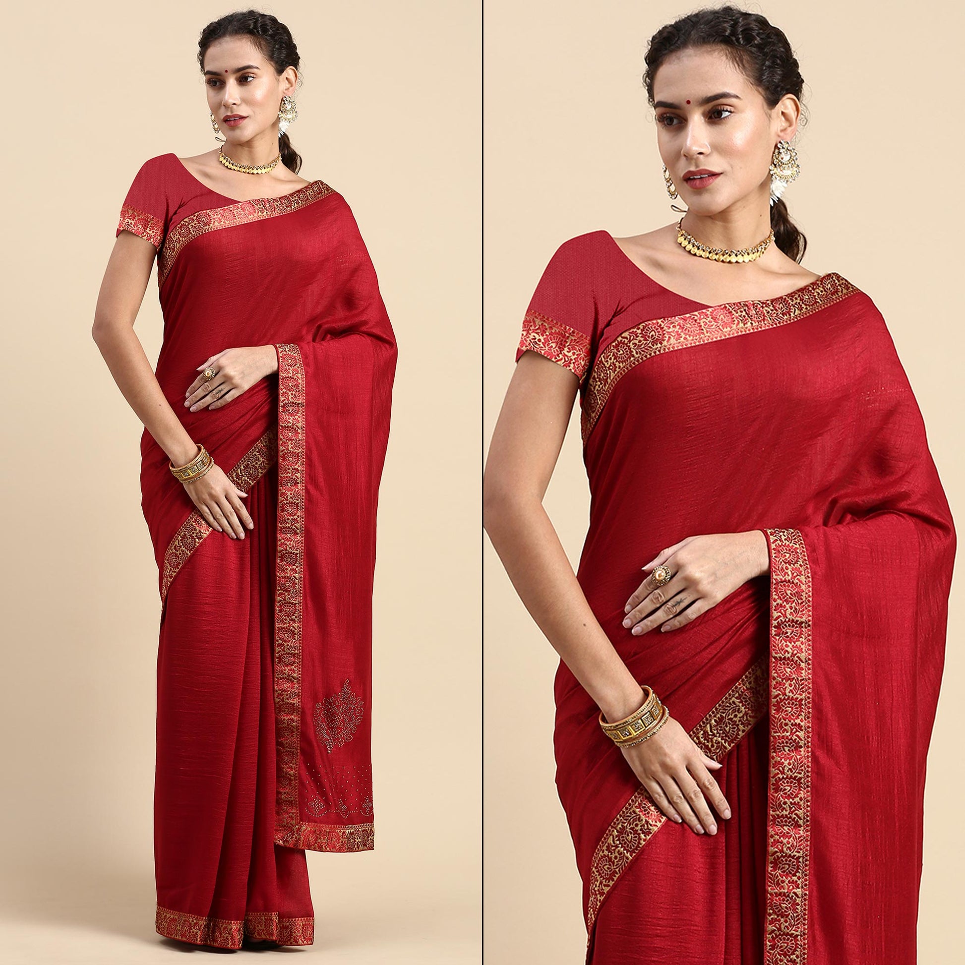 Maroon Swaroski Work Vichitra Silk Saree