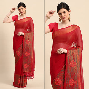 Maroon Swarovski With Embroidery Work Viscose Chiffon Saree