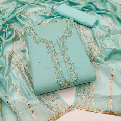 Blue Zardosi Moti Work Pure Cotton Dress Material