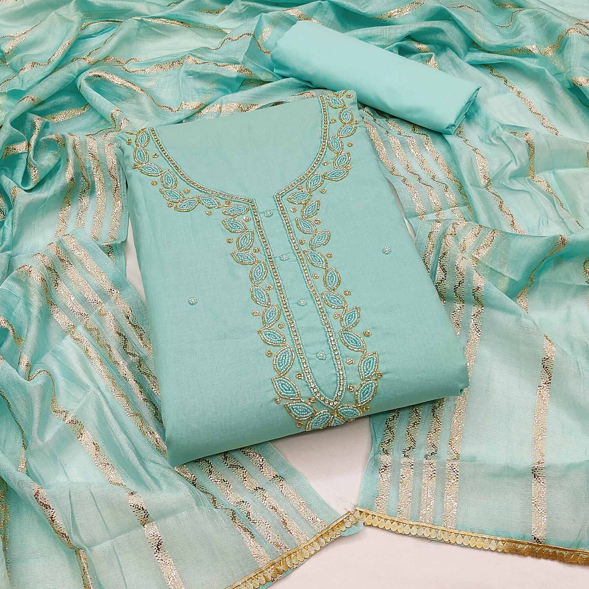 Blue Zardosi Moti Work Pure Cotton Dress Material