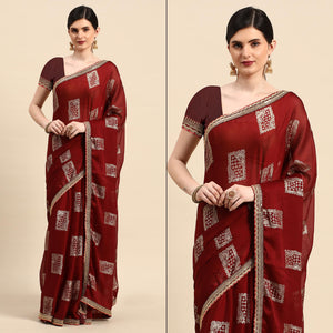 Maroon Foil Printed With Embroidered Border Chiffon Saree