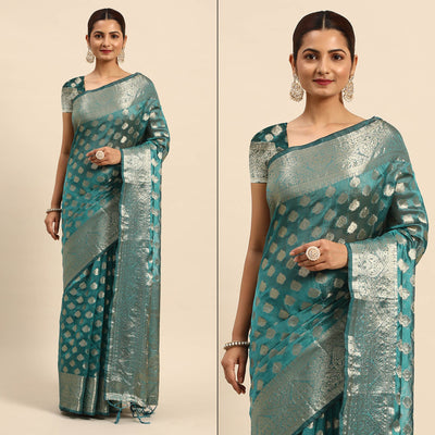 Blue Woven Organza Silk Saree With Tassels