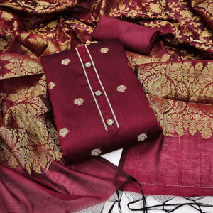 Maroon Floral Woven Banarasi Silk Dress Material