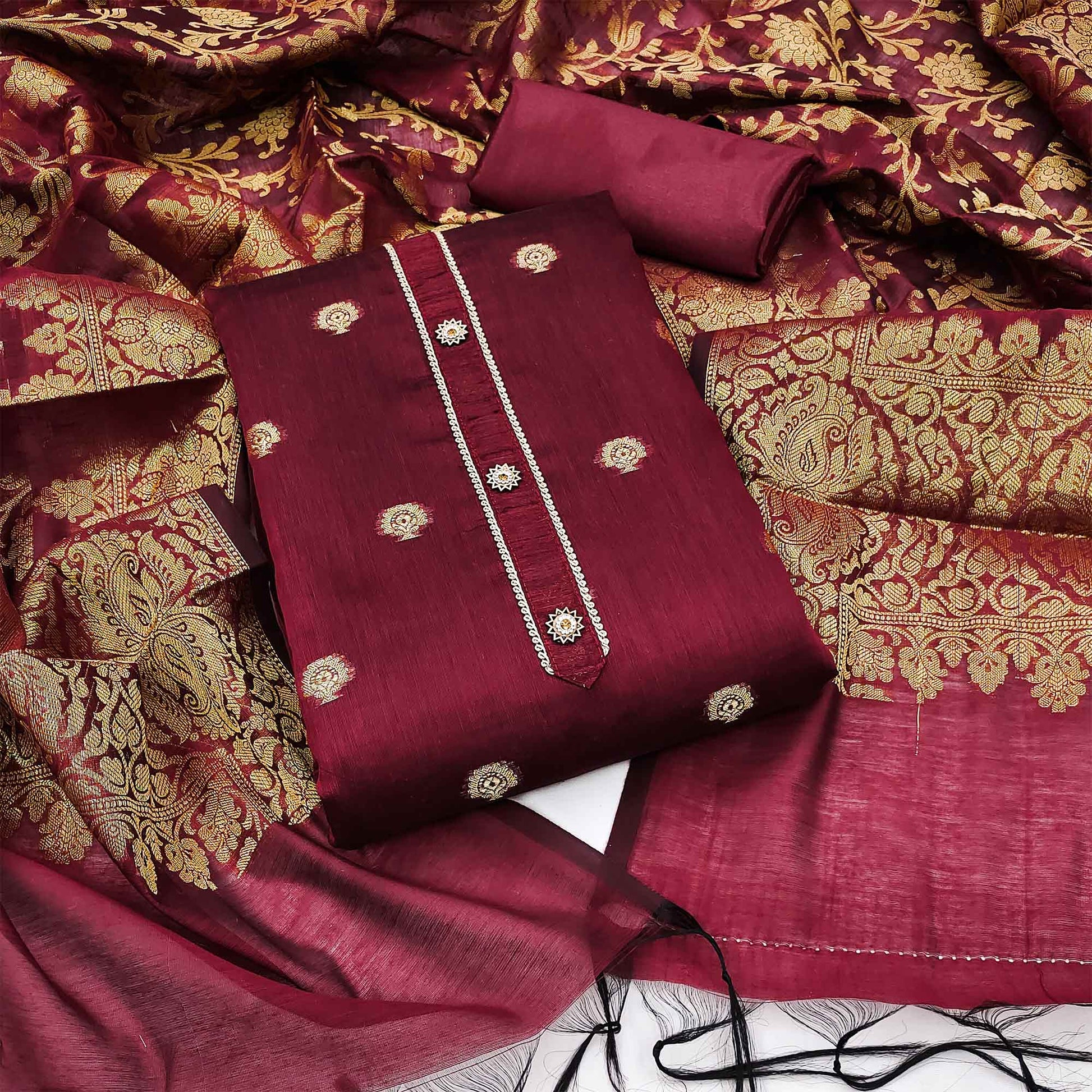 Maroon Floral Woven Banarasi Silk Dress Material